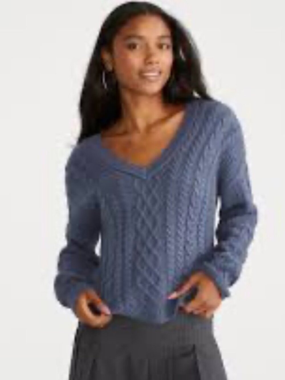 Aéropostale Slouchy Cable Knit V-Neck Cropped Sweater Size L Blue